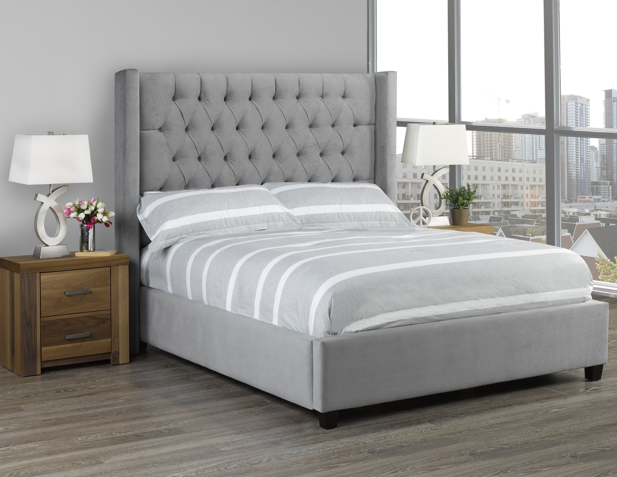 Odessa Platform Bed - Light Grey Velvet - Canadian Furniture