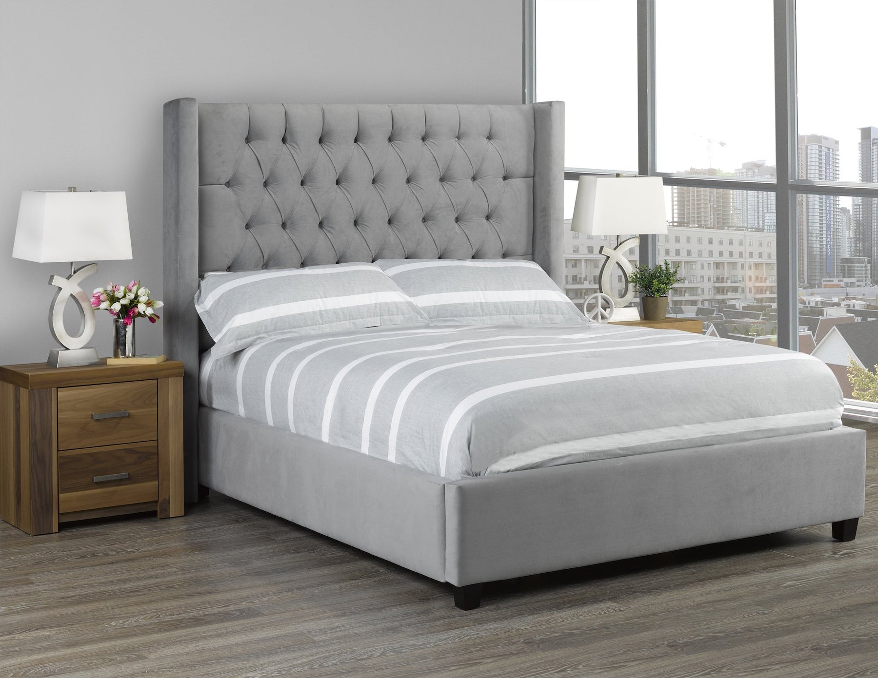 Light Grey Velvet Tufted Platform Bed | Bedroom Furniture
