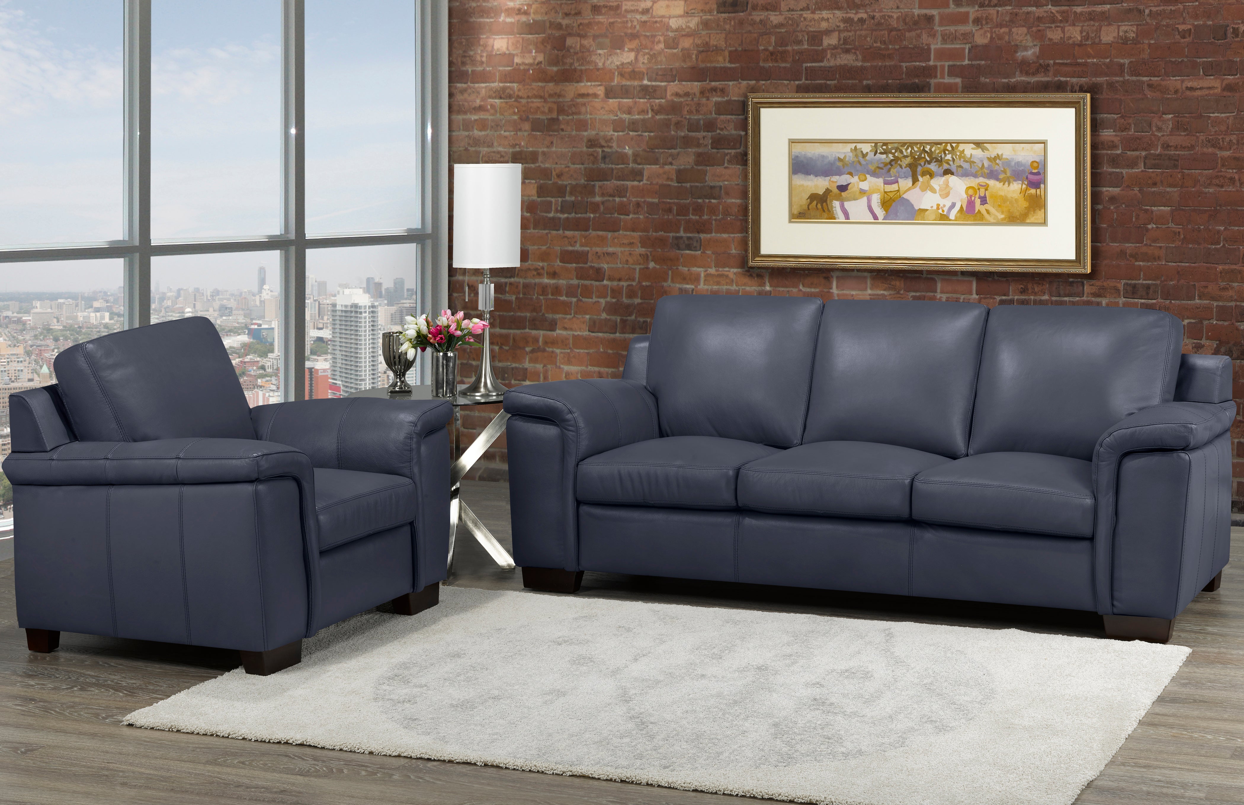 Melville Sofa Series - Navy Genuine Leather - Canadian Furniture